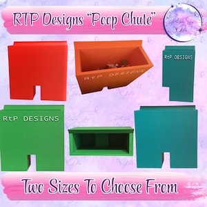 May include: Image features several colorful, rectangular containers labeled "Poop Chute" by RTP Designs. The containers are in red, orange, green, and teal, with a cutout at the bottom. Text at the bottom reads "Two Sizes To Choose From."