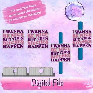 May include: Digital file design with the text "I Wanna Be Nice But Then Bitches Happen" in purple and pink. Includes files for 8mm and 10mm straws. The image also includes the text "STL and 3MF Files" and "Digital File".