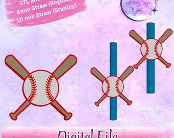 Baseball and Two Bats STL and 3MF DIGITAL FILES For Straw Topper - 8 mm and 10 mm Sizes