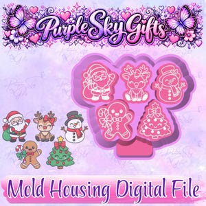 Puede incluir: Un archivo digital de molde rosa con múltiples cavidades que muestra los contornos de Santa Claus, un reno, un muñeco de nieve, un hombre de jengibre y un árbol de Navidad. Incluye el texto Purple Sky Gifts y Mold Housing Digital File.