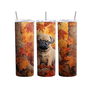20 or 30 oz Pug With Fall Leaves Stainless Steel Tumbler