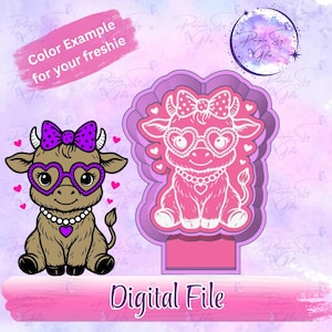 May include: A digital file featuring a cartoon cow design with heart-shaped glasses, a bow, and a pearl necklace. The design is in brown, purple, and pink, with the text "Color Example for your freshie" and "Digital File".