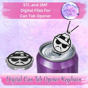 Op de afbeelding: Een digitale sleutelhanger voor blikjesopener met een zwart-wit grafisch ontwerp. De afbeelding bevat een paars blikje met een sleutelhanger en de tekst "STL and 3MF Digital Files For Can Tab Opener" en "Digital Can Tab Opener Keychain".
