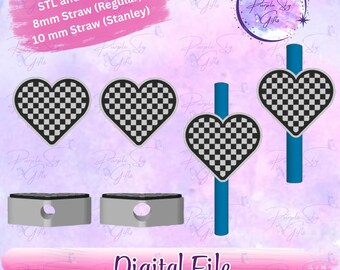 Checkered Print Heart STL and 3MF DIGITAL FILES For Straw Topper - 8 mm and 10 mm Sizes