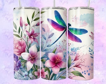 20 oz or 30 oz Dragonflies and Flowers Stainless Steel Tumbler