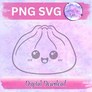 May include: A digital download graphic featuring a smiling cartoon bao bun with large eyes and a happy expression. The image includes the text "PNG SVG" and "Digital Download" in a pink banner, set against a soft purple watercolor background.