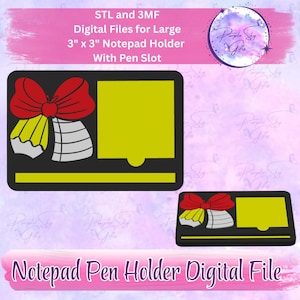 May include: Digital file for a notepad pen holder. The design features a black rectangular base with a yellow notepad area and a decorative bow and bell design. The notepad holder measures 3 inches by 3 inches.