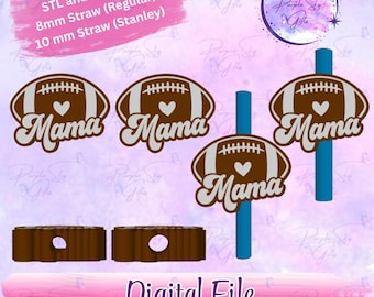 Football Mama STL and 3MF DIGITAL FILES For Straw Topper - 8 mm and 10 mm Sizes