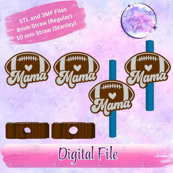 Football Mama STL and 3MF DIGITAL FILES For Straw Topper - 8 mm and 10 mm Sizes