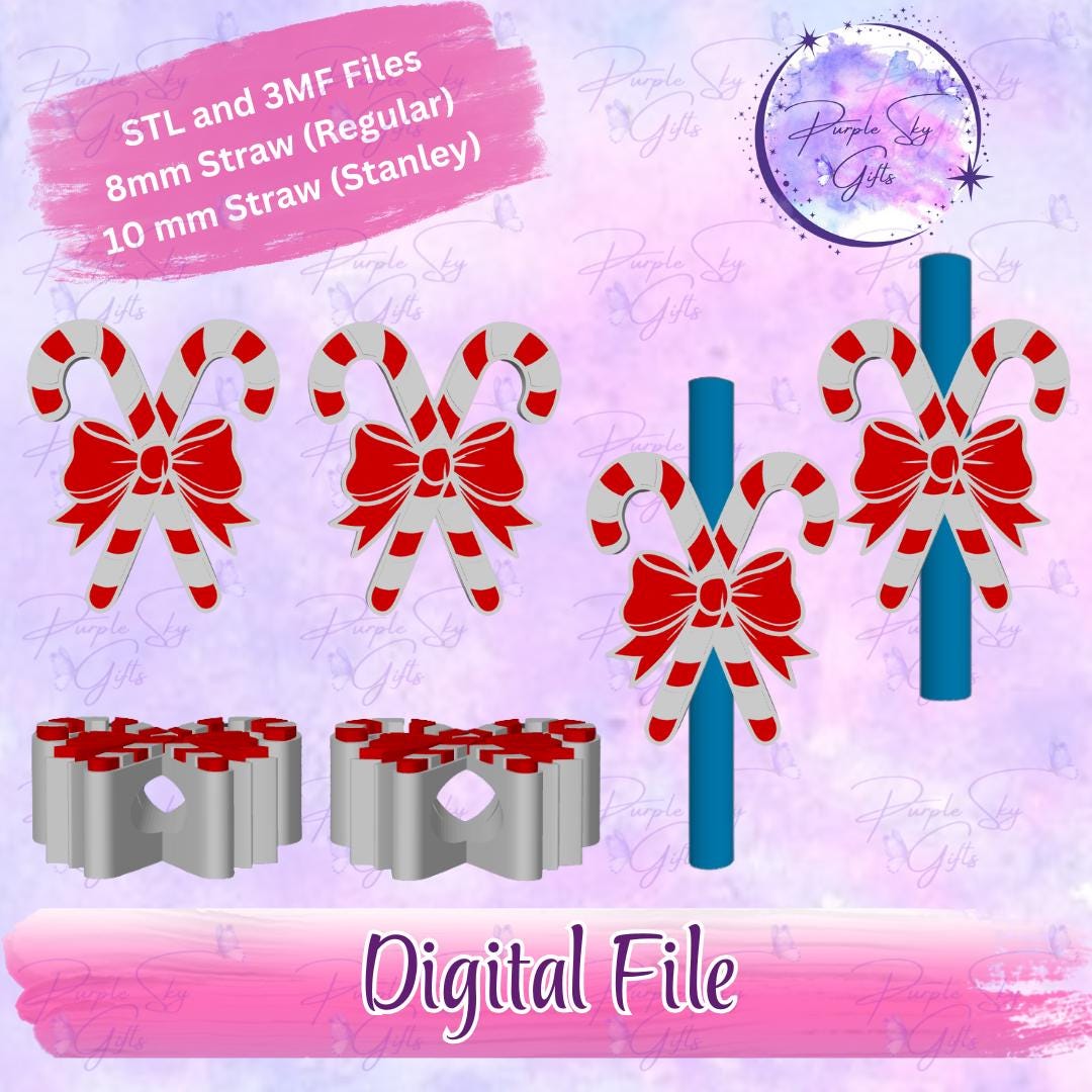 Candy Canes With Bow STL and 3MF DIGITAL FILES for Straw Topper - 8 Mm ...