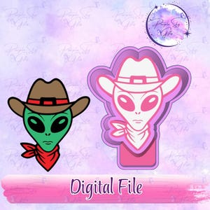 May include: Two images of an alien wearing a cowboy hat and a red bandana. One is a green alien with a brown hat, the other is a pink outline of the alien. The text "Digital File" is at the bottom.