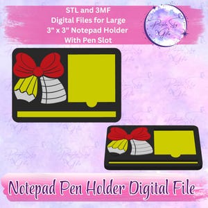 Könnte beinhalten: Digitale Datei für einen 7,6 cm x 7,6 cm Notizblockhalter mit Stiftschlitz. Das Design zeigt eine rote Schleife und gelbe Glocken auf schwarzem Hintergrund. Der Text "STL and 3MF Digital Files" ist sichtbar.