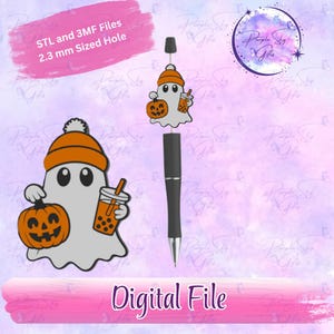 May include: A black pen with a ghost-shaped charm holding a pumpkin and a drink. The ghost wears an orange hat. The image also includes the text "STL and 3MF Files 2.3 mm Sized Hole" and "Digital File".