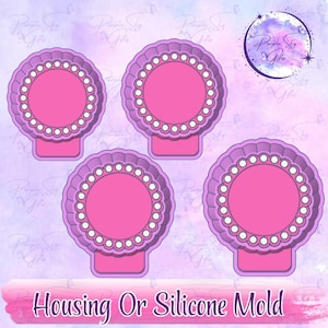 May include: Four pink and purple silicone molds with a circular design, featuring a scalloped edge and a dotted border. Each mold has a rectangular base. The text "Housing Or Silicone Mold" is at the bottom of the image.
