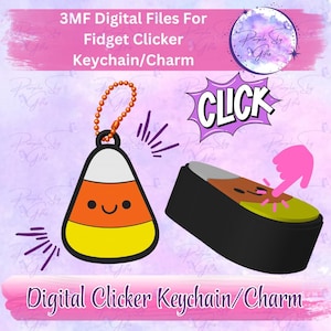 May include: Digital 3MF files for a candy corn shaped fidget clicker keychain or charm. The design features a white, orange, and yellow candy corn with a smiling face and an orange ball chain. Includes a graphic with the text CLICK.