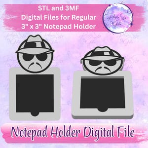 Puede incluir: Archivo digital para un portanotas. El diseño presenta un personaje de dibujos animados con gafas de sol y un sombrero. El texto dice "STL and 3MF Digital Files for Regular 7.6cm x 7.6cm Notepad Holder" y "Notepad Holder Digital File."