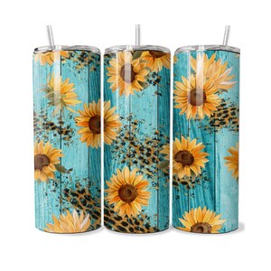 20 or 30 oz Teal Wood Sunflower Stainless Steel Tumbler