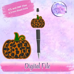 May include: A black pen with a pumpkin-shaped charm. The pumpkin is orange with black spots and a green stem. The words "STL and 3MF Files 2.3 mm Sized Hole" and "Digital File" are also visible.
