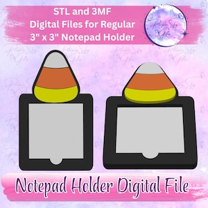 Pode incluir: Dois suportes pretos para blocos de notas com um topo de doce de milho, projetados para blocos de 3" x 3". A imagem inclui o texto: STL and 3MF Digital Files for Regular 3" x 3" Notepad Holder e Notepad Holder Digital File, com o logotipo Purple Sky Gifts.