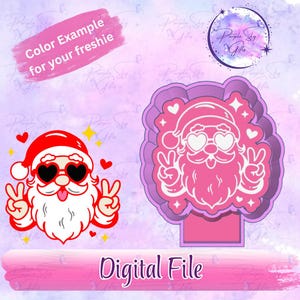 May include: A digital file featuring a Santa Claus design with heart-shaped sunglasses and peace signs. The image includes a color example and the text "Digital File". The Santa is red and white.