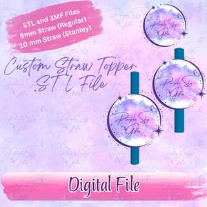 May include: Digital file for a custom straw topper. The design features a watercolour-style background in shades of purple and blue, with the text "Purple Sky Gifts." Includes STL and 3MF files for 8mm and 10mm straws.
