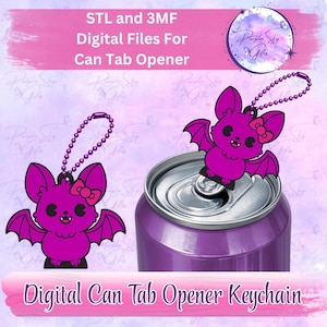 May include: A digital file for a can tab opener keychain featuring a bright pink bat with a small bow on its head. The design includes a ball chain attachment and is shown both as a standalone graphic and inserted into a purple soda can tab.