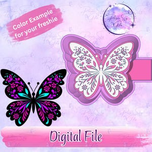 May include: A digital file featuring two butterfly designs. One is black with teal and purple floral patterns. The other is a layered design in shades of purple and white, with floral details. Text reads "Color Example for your freshie" and "Digital File."