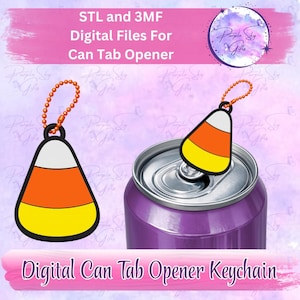 May include: A candy corn shaped can tab opener keyring with a white, orange, and yellow design. The opener features a black outline and an orange ball chain. Text on the image reads: STL and 3MF Digital Files For Can Tab Opener and Digital Can Tab Opener Keychain.