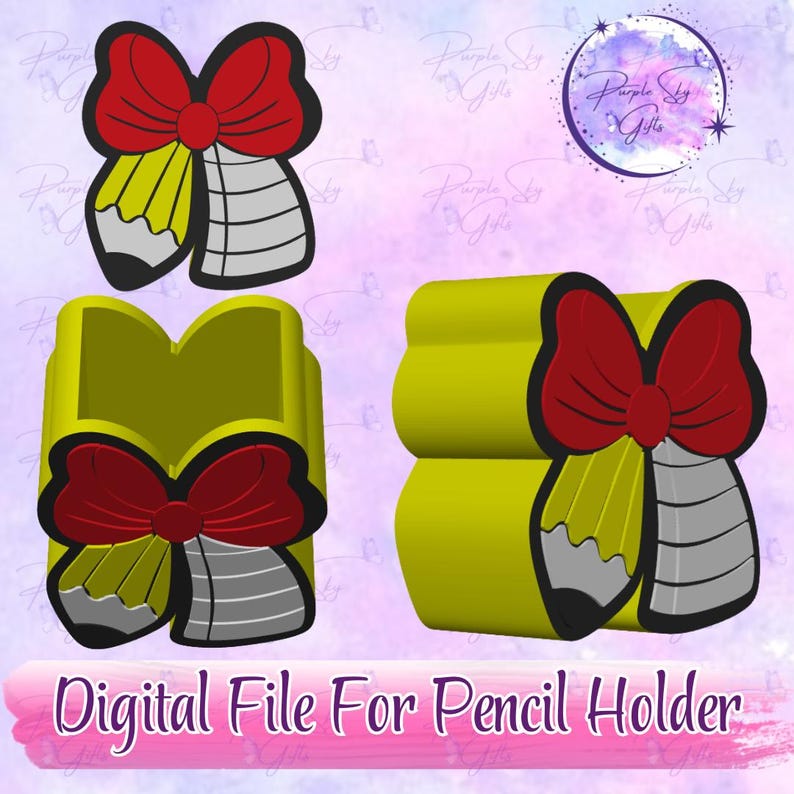 May include: Digital file for a pencil holder. The design features a red bow and a pencil with yellow and gray details. The pencil holder is yellow and has a bow design.