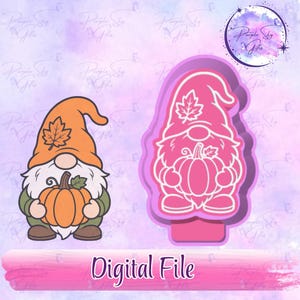 May include: A digital file featuring a gnome illustration with an orange hat, white beard, and pumpkin, alongside a pink outline of the same gnome design. The text "Digital File" is displayed at the bottom, and a "Purple Sky Gifts" logo is visible.