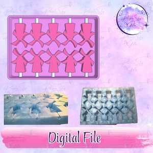 May include: A digital file featuring a rectangular mold with ten windmill-shaped cavities in a pink tray. Below, two views of a blue, textured, three-dimensional mold are shown, displaying the windmill shapes from different angles.