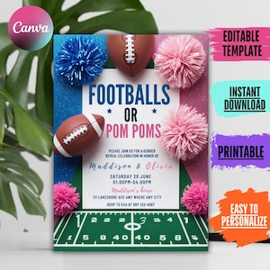Puede incluir: Una invitación de revelación de género con un tema de fútbol y pompones. La invitación presenta un diseño de campo de fútbol en la parte inferior, con el texto "FOOTBALLS OR POM POMS". La invitación incluye detalles del evento y es una plantilla editable.