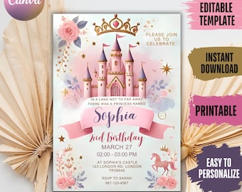 Princess 4th Birthday Invitation: Castle Party, Editable Text (Digital Download)