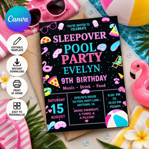 Può includere: Un biglietto d'invito rettangolare con sfondo nero e testo rosa e blu che recita Sleepover Pool Party Evelyn 9th Birthday. Il design include illustrazioni colorate di occhiali da sole, ghiaccioli, pizza e palloni da spiaggia.