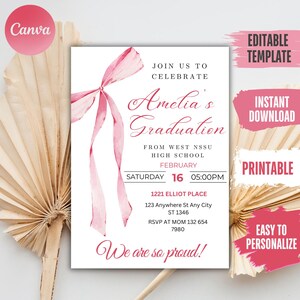 Pink Bow Graduation Invitation Template: Coquette Class of 2024 (Digital Download)