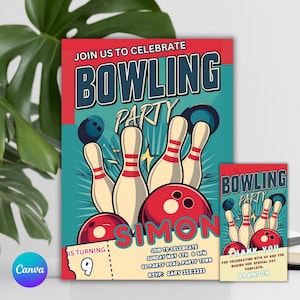 Invito modificabile al bowling, invito elettronico per biglietti di festa al bowling, modello modificabile, invito digitale, invito con biglietto stampabile, download immediato!