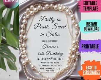 Invitación de cumpleaños elegante con perlas y satén, celebración de un hito (descarga digital)