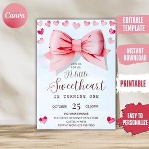Pink Bow Baby Shower Invitation Template Printable, Baby Girl, Pink Coquette Baby Shower Invite, Baby Shower Invitation Girl Coquette Bow