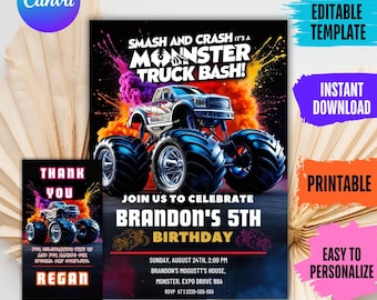 Monster Truck Birthday Invitation: Customizable Canva Template (Digital Download)