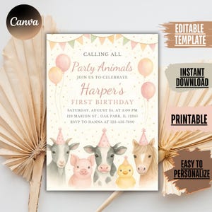 Invitation modifiable numérique appelant tous les fêtards | Fête des animaux Célébration Anniversaire d&#39;enfants | Invitation d&#39;anniversaire modifiable à tout âge à télécharger
