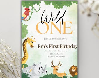 May include: A colorful invitation for a first birthday party with a jungle theme. The invitation features a giraffe, rhino, deer, lion, and a parrot. The text on the invitation reads "Wild One" and "Era's First Birthday".