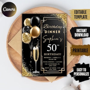 Digital Birthday Dinner Invitation Template, Black Tie Glam Invite, Animated Black Golden Diamond Evite For Men & Women, Self Editable eCard