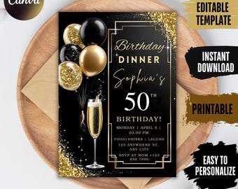 Black Tie Birthday Dinner Invitation: Glam Diamond Evite (Digital Download, 5x7in