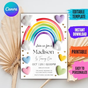 Invitación de cumpleaños con brillo arcoíris: plantilla editable de Canva (invitación electrónica digital de 5 x 7 pulgadas)