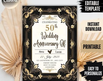 May include: A black and gold wedding anniversary invitation with ornate floral designs. The invitation reads "We are celebrating 50th Wedding Anniversary of Anna and Lucas" with the date "22-July-2025".
