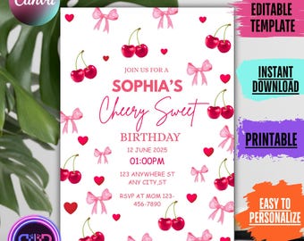 Invitación de cumpleaños de cerezas: Plantilla editable de Canva (Descarga digital, PDF/JPG, 13x18 cm)