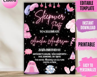 Invito per pigiama party: tenda da campeggio, modello modificabile (download digitale)