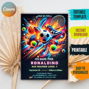 Bearbeitbare Sporteinladung, Neonsporteinladungen, Sportflyer, Sportthema einladen, Glow ALL STAR SPORTS-Einladungsvorlage Sofort-Download