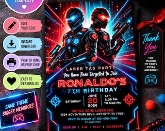 Neon Laser Tag Birthday Invitation Template (Editable Canva)