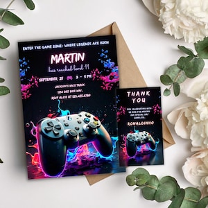 Gamer Birthday Invitation: Neon Level Up, Editable Template (Digital Download 5x7&quot; )